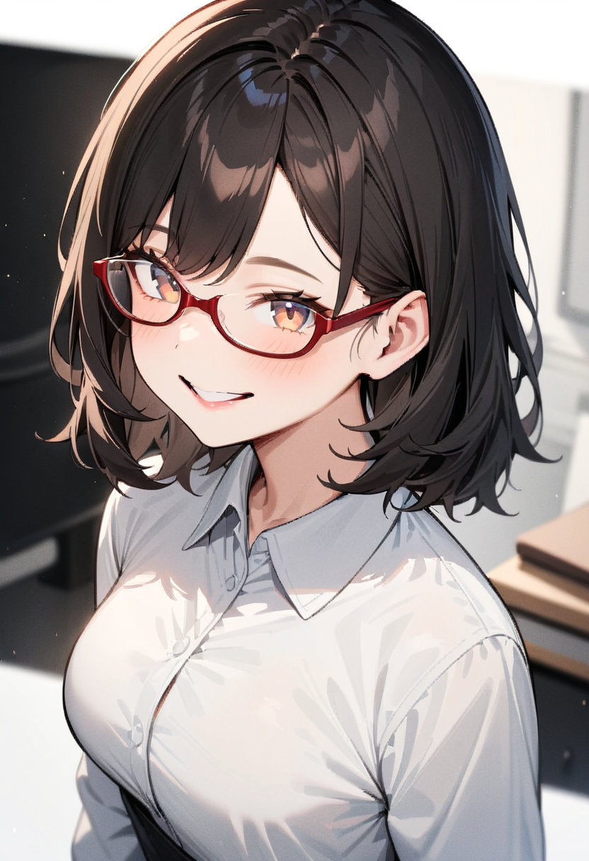 masterpiece, best quality, very aesthetic, absurdres,
1girl, solo, underrim_cell, glasses, black hair, medium hair, smile, looking at viewer, white background, upper body, collared shirt, red-framed eyewear, 
 <lora:under_rim_glasses_cell-frame_SDXL_V1:0.6>