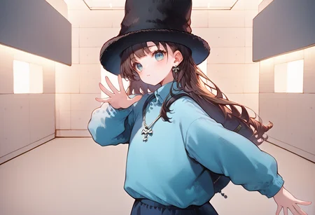(score_9:0.9),score_8_up,score_7_up,anime style,rating_safe,(zPDXL),<lora:virtual insanity meme ponyXL v2:0.93>,virtual insanity,open hand,outstretched hand,1girl,solo,hat,backpack,long hair,bag,shirt,blue eyes,necklace,looking at viewer,blue shirt,jewelry,long sleeves,black headwear,black hair,bangs,cross,top hat,blush,collared shirt,upper body,cross necklace,closed mouth,