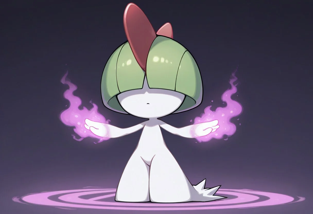 masterpiece, best quality, amazing quality, solo, ralts, pokemon\(creature\), chibi, white body, short hair, bangs, green hair, red horns, hair over eyes, standing, purple magic, glowing hands
