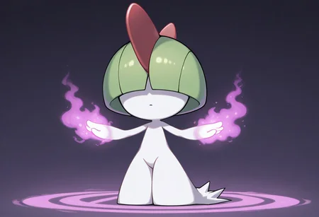 masterpiece, best quality, amazing quality, solo, ralts, pokemon\(creature\), chibi, white body, short hair, bangs, green hair, red horns, hair over eyes, standing, purple magic, glowing hands