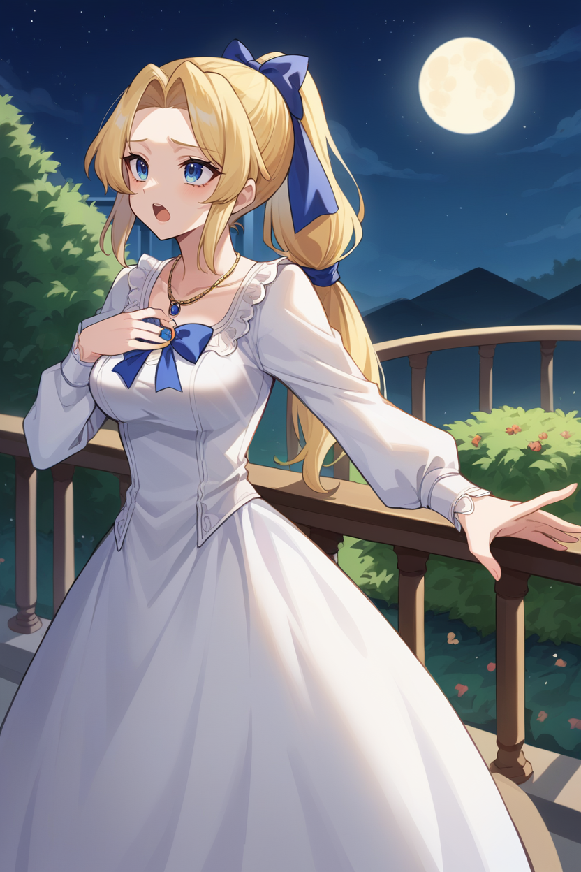score_9, score_8_up, source_anime, 1girl, solo BREAK  <lora:celeschere-pdxl-nvwls-v1-000006:1> celes chere, blonde hair, hair ribbon, ponytail, blue ribbon, blue bow, necklace, white ballgown, frills, long sleeves, night sky, garden, standing on balcony, moon, open mouth, looking up, singing, hand to own chest, outstretched arm, sad, medium breasts