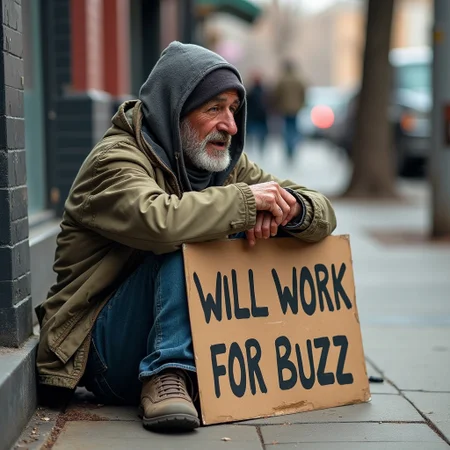 Let's create a homeless guy sitting on the sidewalk with tattered and torn clothing with a beggers sign with "WILL WORK FOR BUZZ" TEXT [GIVE THIS IMAGE VIBRANT 8K COLORING]