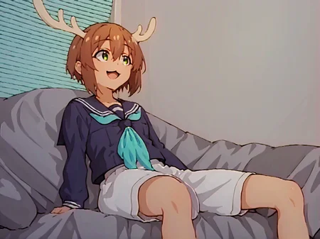 <lora:Nokotan_T1V1:1>
<lora:yajyuu:1.3>
score_9, score_8_up, score_7_up, score_6_up, score_5_up, score_4_up, source_anime,
1girl, solo, anime screencap,
Nokotan_T1V1, brown hair, short hair, hair between eyes, green eyes, deer antlers,
school uniform, serafuku, white shirt, long sleeves, blue sailor collar, aqua neckerchief,
looking at another, (:3), open mouth, smile, upper body,,solo, sitting,
(bed,dark grey blanket,spread legs,window blind,blind),