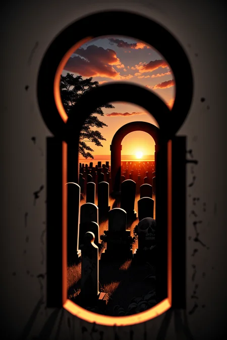 graveyard, skeleton, sunset, <lora:Keyhole_Art-09:0.9> keyhole_art<lora:LCM_SD15:1.0>