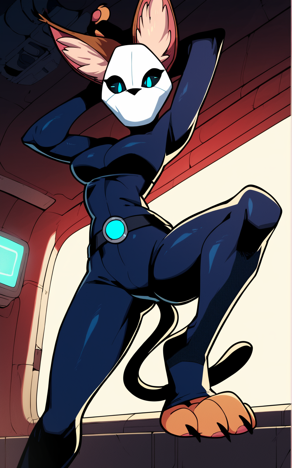 score_9, score_8_up, score_7_up,((best quality)), absurdres, <lora:BolivanteStyle:0.3>, mask,white mask, blue eyes, black sclera, animal ears, furry, female furry,bodysuit, toeless, fingerless, tail, belt, <lora:KaraMWPXL-03:0.9>,KaraMWPXL, cat tail, skin tight,slim,featureless mouth,action pose, inside, futuristic,