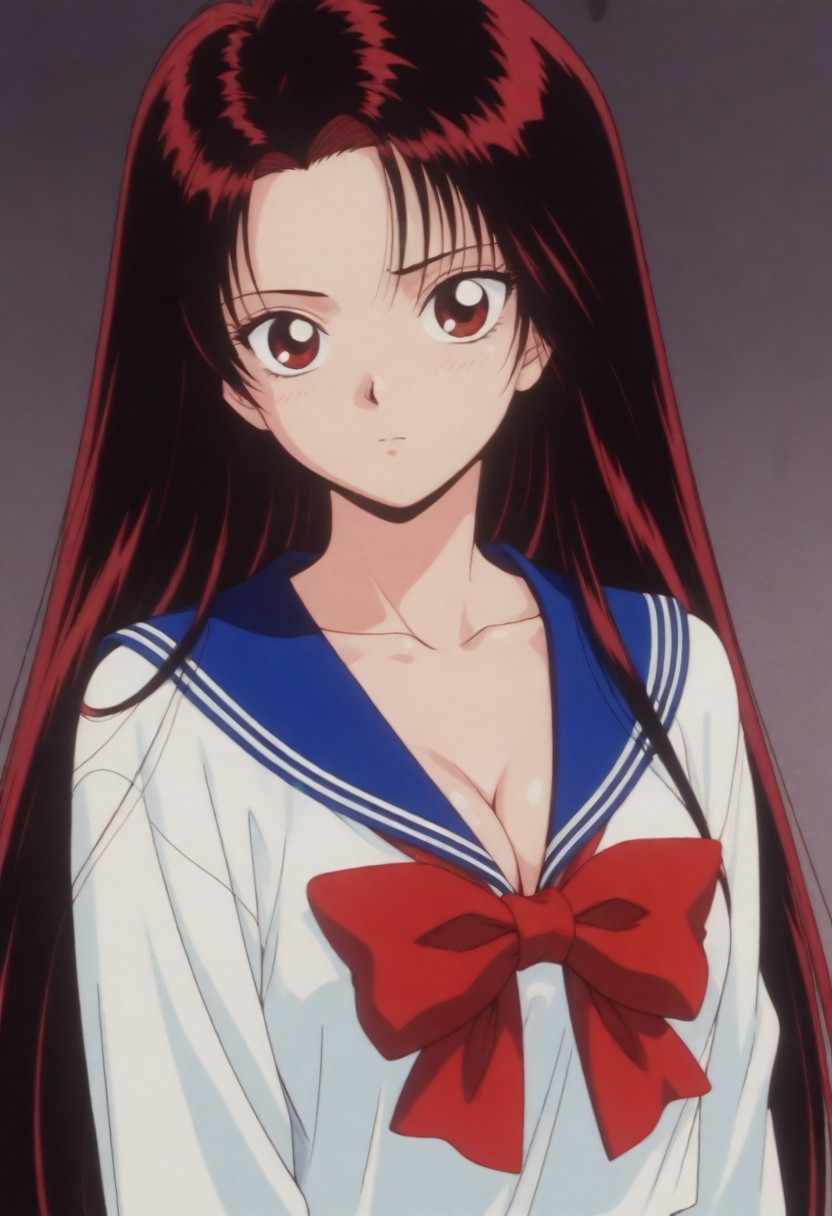 masterpiece, best quality, amazing quality,,,,<lora:izunaIL:0.8>1girl,Haduki_IzunaPO,1990s \(style\),retro artstyle, red eyes,black hair,red hair,very long hair,cleavage,collarbone, school uniform,serafuku,shirt,white shirt,blue sailor collar,bowtie,red bowtie,