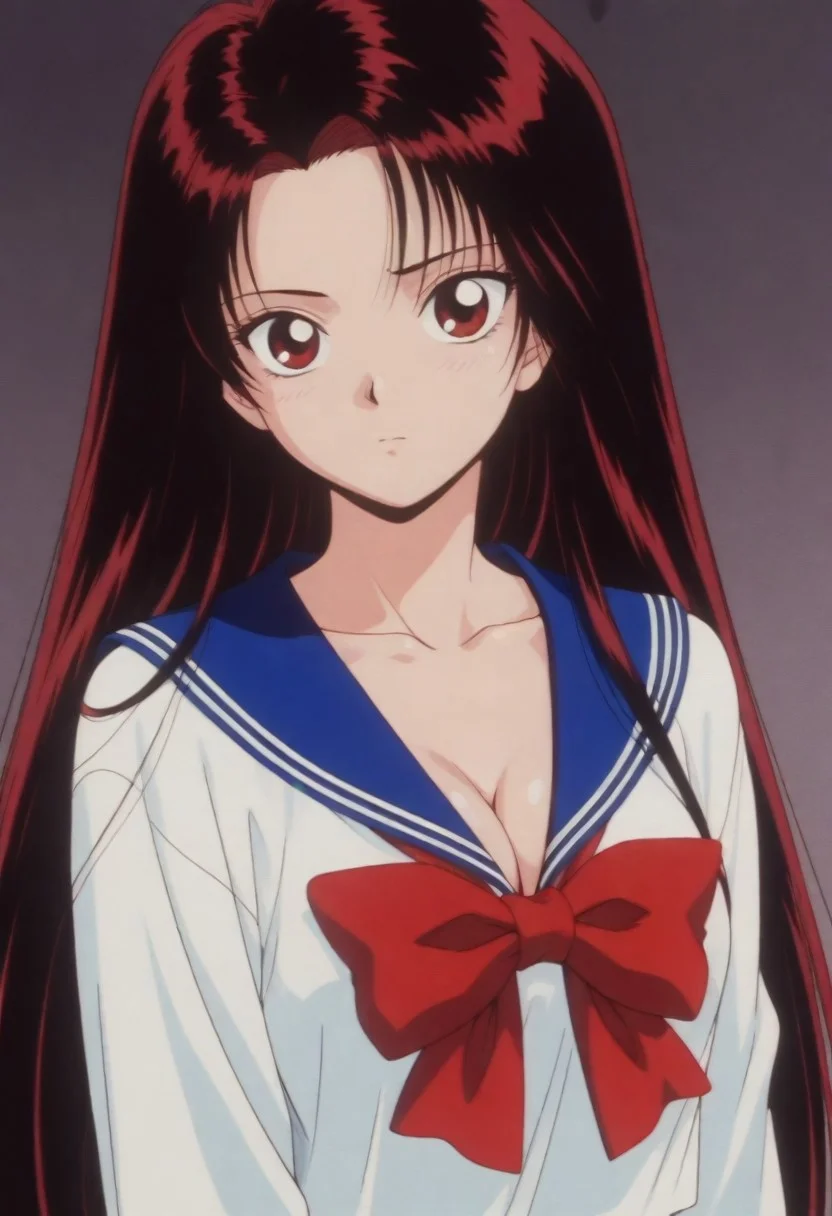 masterpiece, best quality, amazing quality,,,,<lora:izunaIL:0.8>1girl,Haduki_IzunaPO,1990s \(style\),retro artstyle, red eyes,black hair,red hair,very long hair,cleavage,collarbone, school uniform,serafuku,shirt,white shirt,blue sailor collar,bowtie,red bowtie,