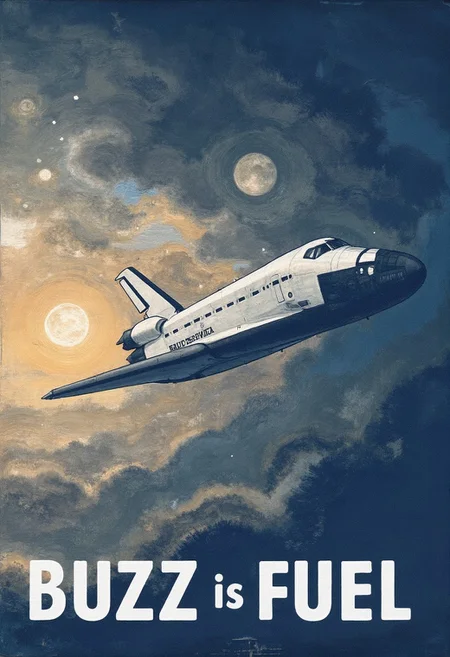 Japanese realistic Painting by fusenT2, a space shuttle.
the clear big text "BUZZ is FUEL" in the bottom area of the image.