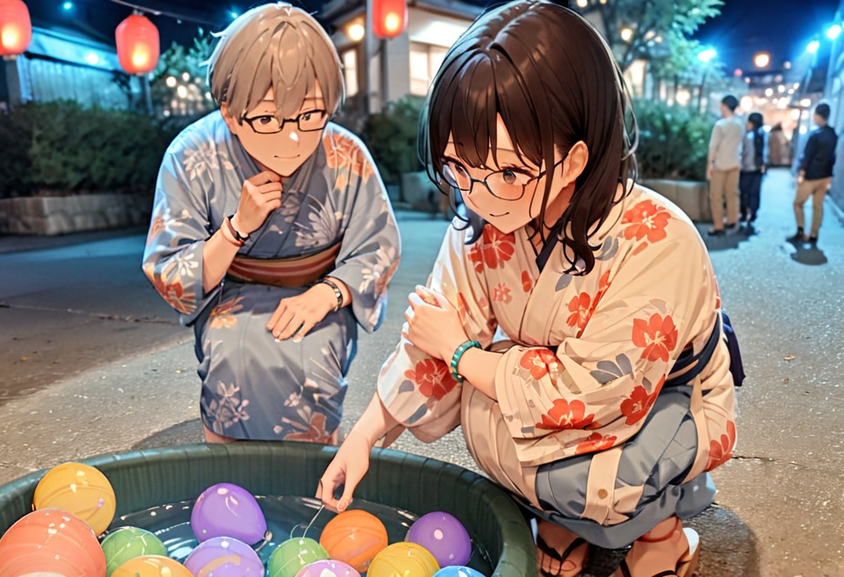 masterpiece, best quality, very aesthetic, absurdres,
mizufusen, 1girl, glasses, yukata, 1boy, night, squatting, outdoors, black hair, bracelet, long sleeves, floral print, water balloon fishing, night, summer, paper lantern, blurry background, 
 <lora:mizufusen_SDXL_V1:0.8>