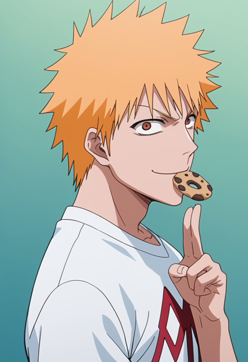 score_9, score_8_up, score_7_up, source_anime, masterpiece, 1boy, ichigo kurosaki, shirt, <lora:ichigo_kurosaki_ponyxl:1>, , angry, v-shaped eyes, evil smile , malice, wrapped smile, shaded face, closed mouth,resentful,, in a dark tunnel, graffiti,, solo,  close up, munching on a cookie,  from side,  looking at viewer, bitten cookie,  eating,