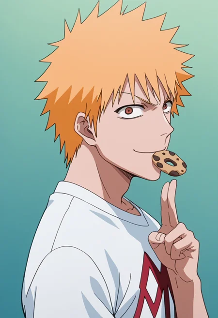 score_9, score_8_up, score_7_up, source_anime, masterpiece, 1boy, ichigo kurosaki, shirt, <lora:ichigo_kurosaki_ponyxl:1>, , angry, v-shaped eyes, evil smile , malice, wrapped smile, shaded face, closed mouth,resentful,, in a dark tunnel, graffiti,, solo,  close up, munching on a cookie,  from side,  looking at viewer, bitten cookie,  eating,
