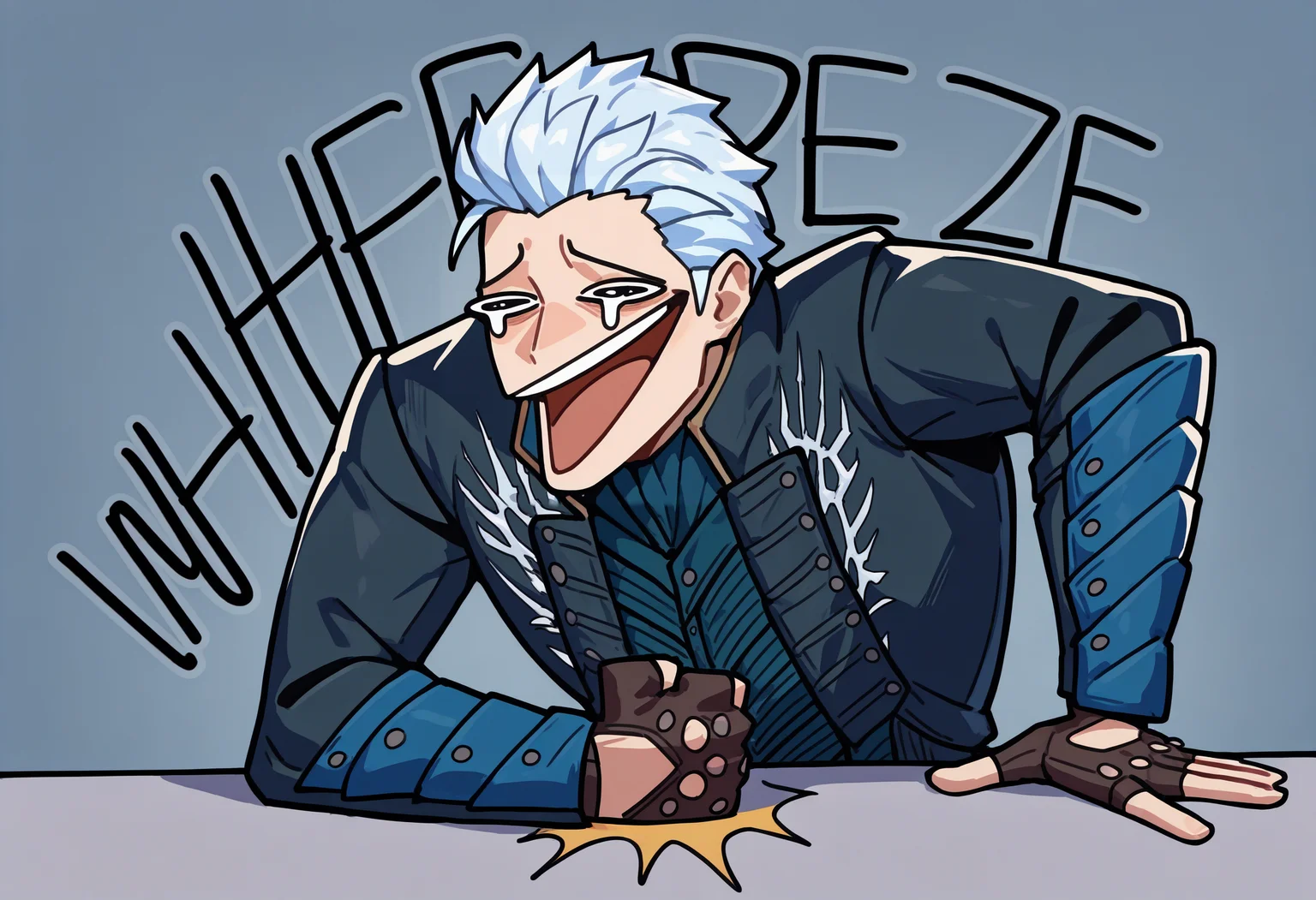 masterpiece, best quality, newest, absurdres, highres, 1boy, wheeze, upper body, laughing, tears, clenched hand, crying, english text, hand on table, open mouth, <lora:WheezeMeme_illusXLNoobAI_Incrs_v1-000013:1>, black coat, fingerless gloves, vergil \(devil may cry\),