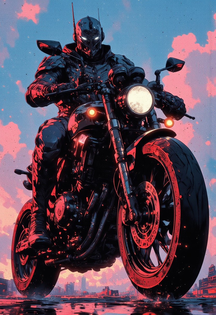 A man in protective gear and a helmet rides a futuristic motorcycle. In the background, there is a bright sky, painted in pink and blue tones, creating the impression of sunset or dawn. The bike looks powerful and technologically advanced, with massive parts and wheels.