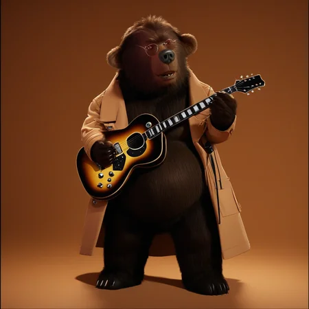 ted bedderhead, big bear, tall, dark brown fur, belly, standing tall, glasses, black nose, wearing coat, playing a guitar, in a music hall