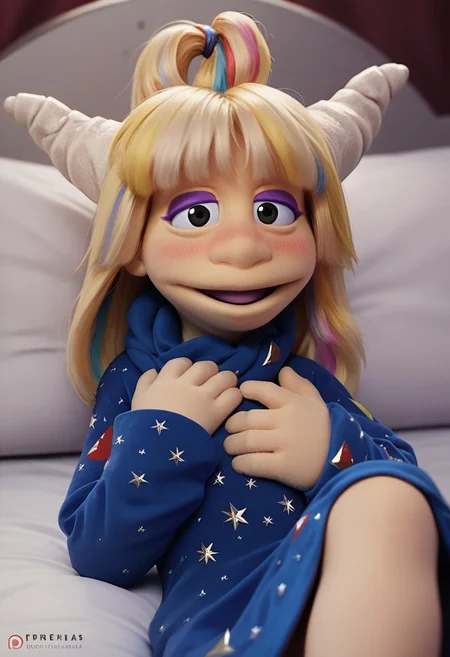 1girl, score_9, score_8_up, score_7_up BREAK Eureekaa, 1girl, blonde hair, multicolor hair streaks, ponytail, horns, black eyes, purple eyeshadow, long blue starry robe, laying on bed, back on top of bed, looking up and smiling at viewer, in lust, slight blush, aroused, horny, hands on chest full body, legs up and spread, welcoming, waiting with sexual anticipation,