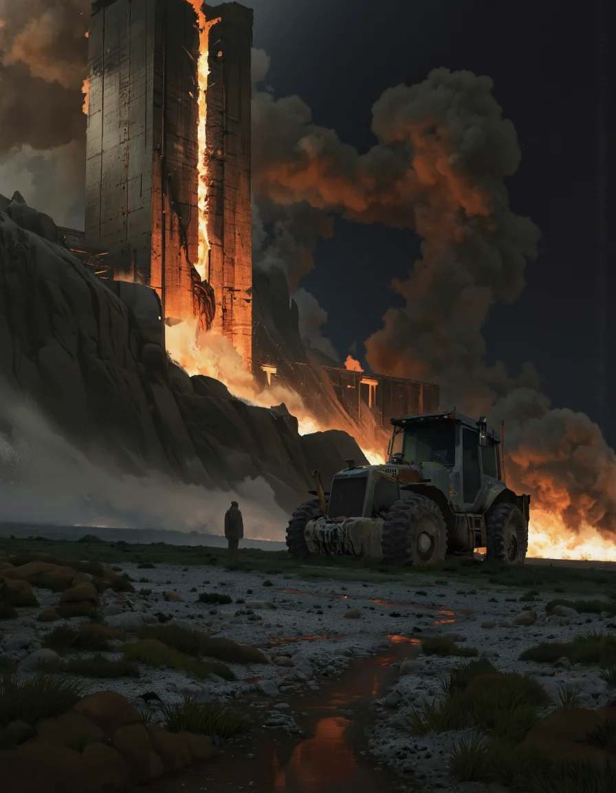 Art by Zhang Jing. A dramatic digital illustration shoot from a far camera angle about a post-apocalyptic scene depicting a large fire and destruction. the scene is set in a desolate landscape with rocky hills and a large, smoky sky filled with dark, billowing smoke and flames. on the left side of the image, a tall, crumbling building appears to be in ruins, while on the right side, a bulldozer is parked in front of it. a lone figure stands in the foreground, looking out into the distance. the overall atmosphere is one of destruction and chaos, with a sense of urgency and foreboding. the lighting is dim, casting a warm glow on the scene, and the overall color palette is dark and moody.