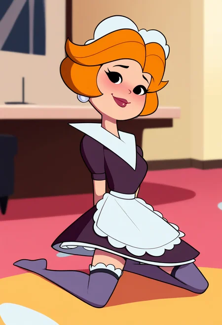 masterpiece, best quality, very aesthetic, absurdres,
1girl, jane, orange hair, short hair, black eyes, red lipstick, earrings, 
blush, smile, maid outfit, kneeling, stockings, looking at viewer, solo, indoors, bedroom background,    <lora:JaneJetsonNoobXL_byKonan:1>