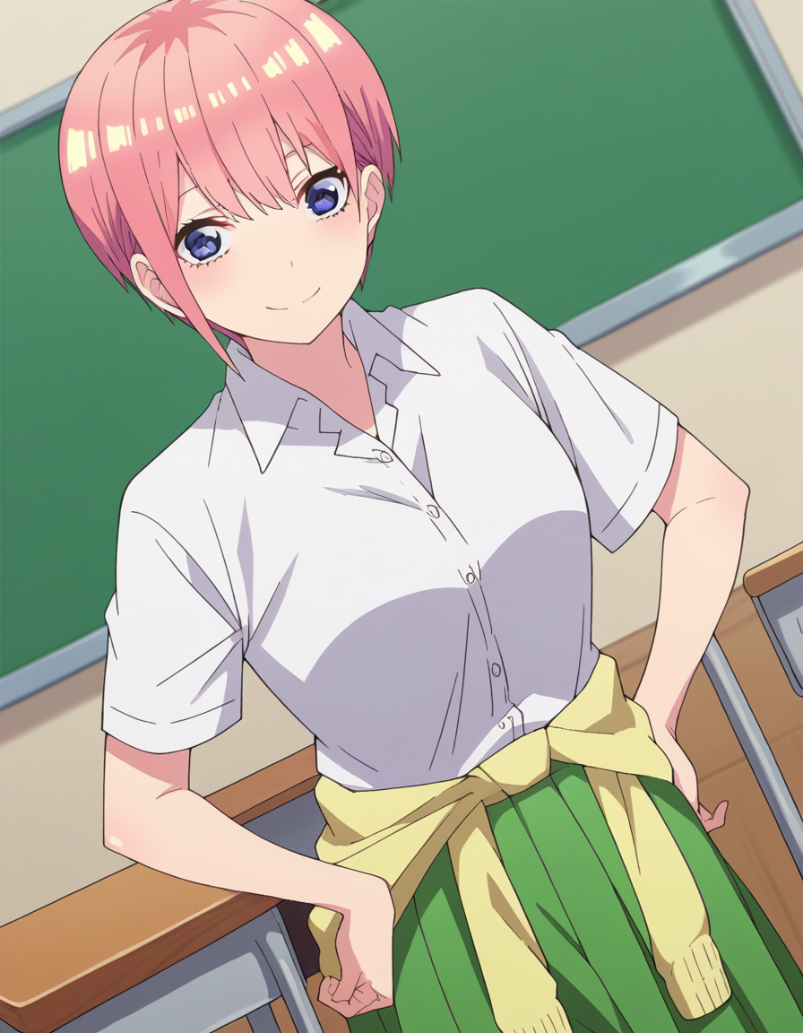 score_9, score_8_up, score_7_up, source_anime,
ichikanakano, <lora:ichika-nakano-s2-ponyxl-lora-nochekaiser:1>, 
ichika nakano, short hair, bangs, blue eyes, hair between eyes, pink hair, pixie cut, smile, mature female,
skirt, shirt, school uniform, white shirt, short sleeves, pleated skirt, shoes, socks, collared shirt, black footwear, sweater, white socks, green skirt, loafers, clothes around waist,
indoors, classroom, smile,
looking at viewer, cowboy shot, solo, dutch angle,