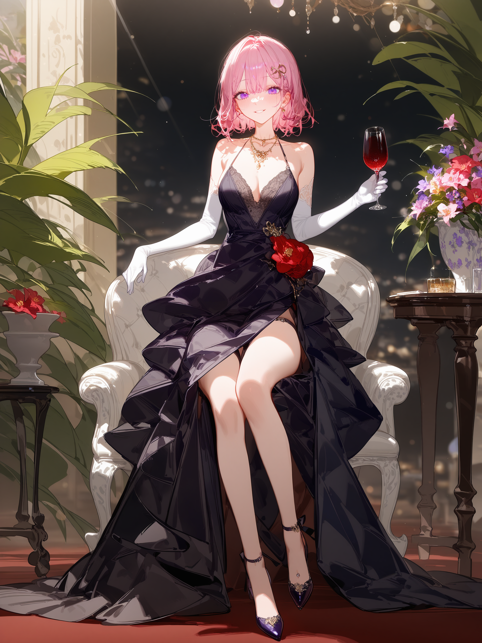 1girl, amaori renako, solo, purple eyes, white elbow gloves, red high heels, necklace, black evening gown, seductive smile, ballroom, indoors, depth of field, full body, sitting, chair, flower, holding cup, wine glass <lora:Char-Amaori_Renako-V1-SDXL:0.9>, illustration, incredibly absurdres, ultra detailed, masterpiece, best quality, perfect features, intricate details, ray tracing, very aesthetic, (hitenkei, askzy:0.4), [<lora:XL-detailed_notrigger:0.95>::0.5], [:<lora:XL-aesthetic_anime:1.2>:0.5]