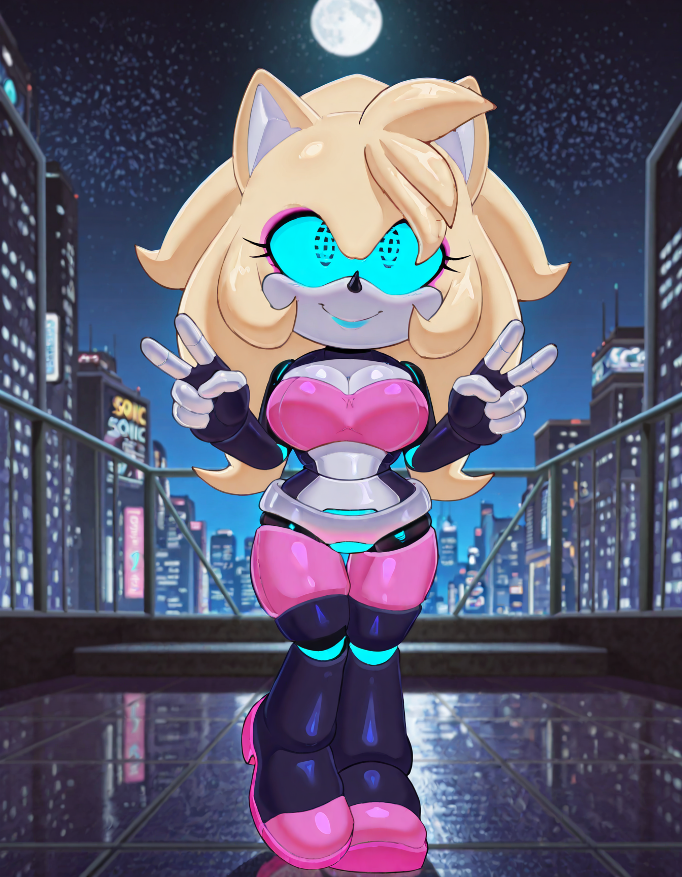masterpiece, best quality, amazing quality, very aesthetic, absurdres, solo, sonic (series), rebel, rebel the hedgebot, robot girl, robotic joints, blue sclera, pink plating, double peace sign, smile, futuristic city, night, moonlight <lora:Rebel_IL_NS:0.95>