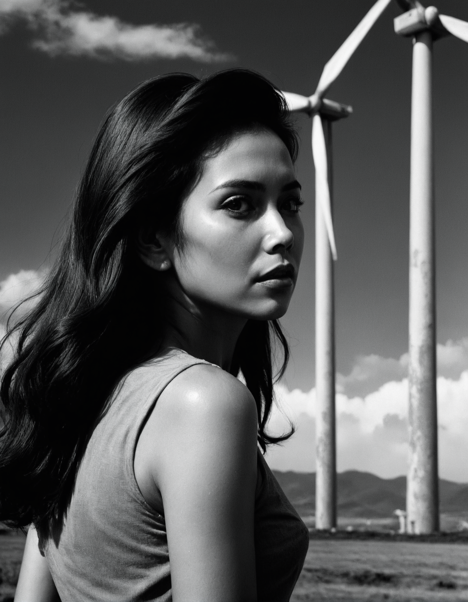 Desperate Venezuelan Ariel, background is [Resort|Wind farm], deep focus, (art by Fan Ho:1.3) ,art by Ito Shinsui, monochrome grayscale black and white b&w cool shadows warm highlights soft focus black and white classic sound stage vintage film grain scratches patina directed cinematography movie film classic