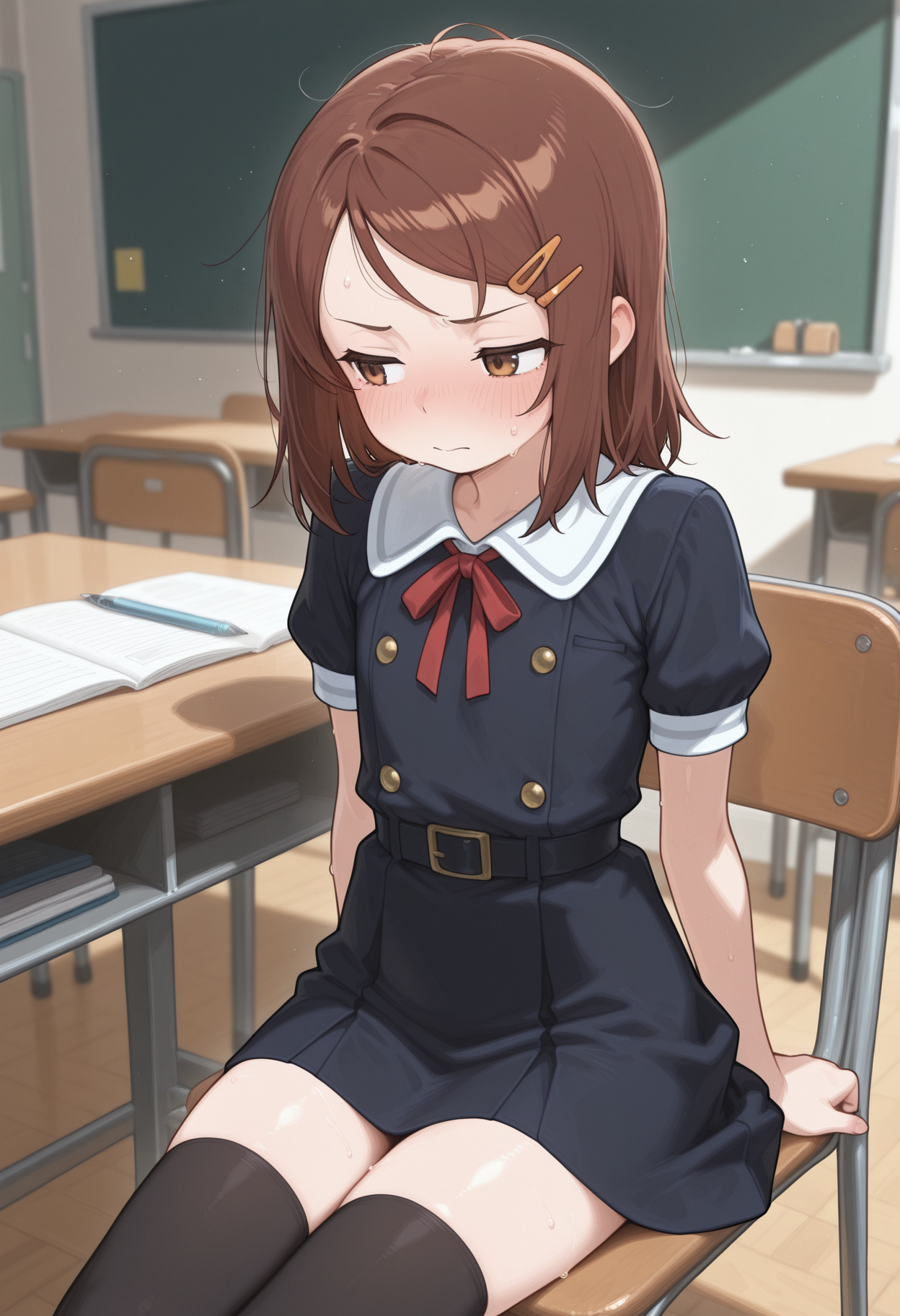 solo, 1boy, flat chest, brown hair, brown eyes, medium hair, hairclips,
blush,sweat,
male focus, sitting,
collared dress, black thighhighs, short sleeves,
desk, table, chair, indoors, school.
masterpiece,best quality,amazing quality,  <lora:lustedcomplexIL-style:1>,lustedcomplexstyle,