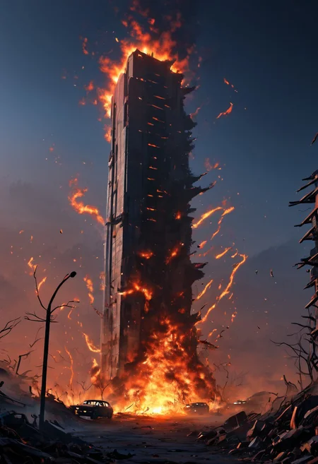 Masterpiece, 4k, ultra high detail,
Dark sky, burning sky, nighttime, night, burning skyscrapers, destoyed skyline,
Apocalyptic scene, burning skyscrapers, burning city, destroyed cars, Collapsing buildings,
End of the World,
negative_hand, NightScapes,