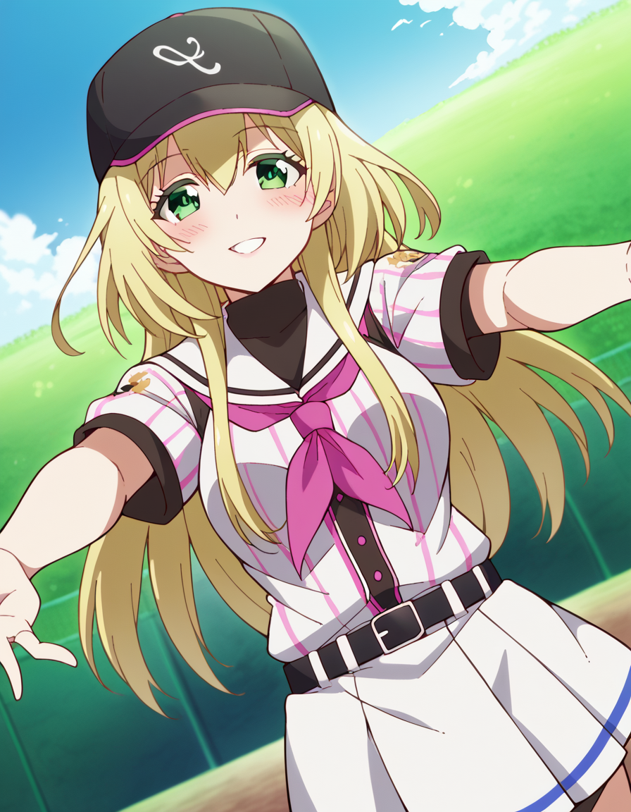 score_9, score_8_up, score_7_up, source_anime, <lora:yuki-nozaki-s1-ponyxl-lora-nochekaiser:1>, yuki nozaki, long hair, blonde hair, hair between eyes, green eyes, sidelocks,, skirt, shirt, hat, short sleeves, pleated skirt, striped, belt, sailor collar, neckerchief, black headwear, white skirt, baseball cap, vertical stripes, black belt, striped shirt, sportswear, vertical-striped shirt, baseball uniform,, Outdoors, nature, scenery, open space, sunlight, smile, <lora:incoming-hug-ponyxl-lora-nochekaiser:1>, incoming hug, looking at viewer, reaching, reacing towards viewer, outstretched arms,, bedroom, smile, blush, parted lips, looking at viewer, solo,, dutch angle, cowboy shot