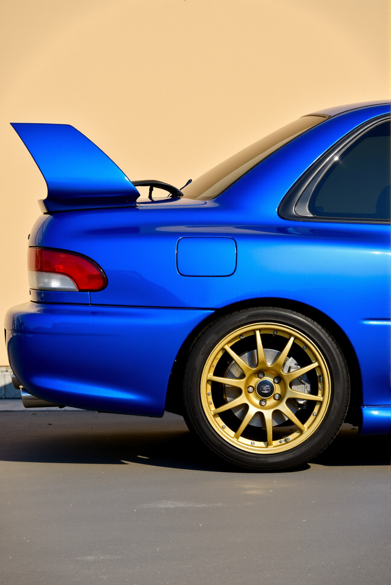 <lora:Subaru_Impreza_WRX_STI_22b:0.8> 
A tightly framed rear-quarter crop of a blue Subaru Impreza coupe showcasing the dramatic curve of the rear fender, extended side skirts, and iconic gold rally wheels with open-spoke design revealing slotted rotors. A massive rear wing juts out toward the beige concrete wall backdrop, casting soft shadows and adding visual tension. The cobalt blue paint carries a metallic sheen, subtly catching ambient reflections from the ground and surrounding surfaces. The overall composition emphasizes form and motion potential, captured in over-the-shoulder detail with a focus on curvature, asymmetry, and sculptural form, rendered in glossy hyperrealism with tactile rubber, metallic edge lighting, and a pastel-cement contrast scheme.