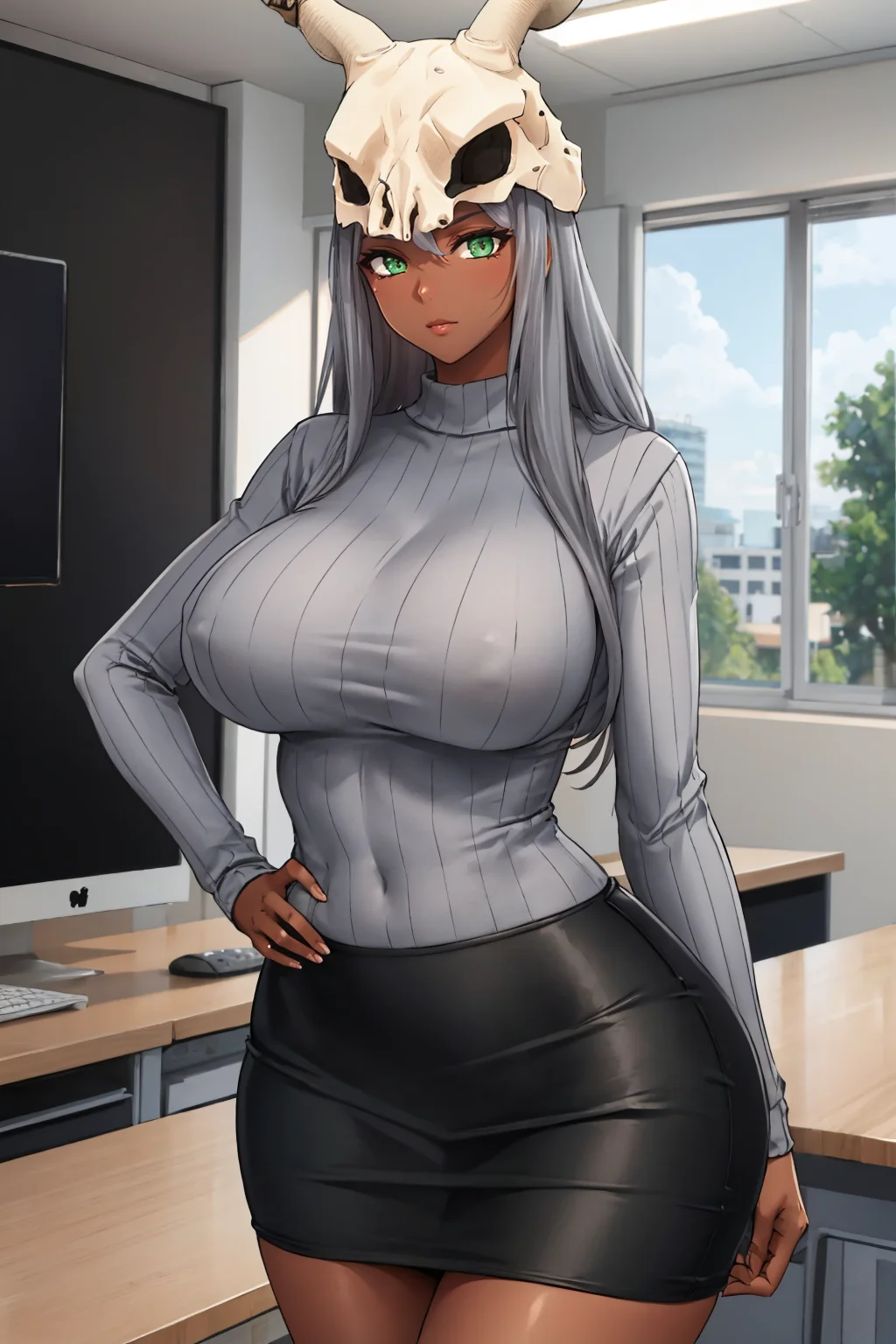 masterpiece, best quality, <lora:thesilent-nvwls-v1-000010:0.9> thesilent, dark skin, green eyes, grey hair, (skull:1.3), black ribbed sweater, pencil skirt, huge breasts, hands at hips, office