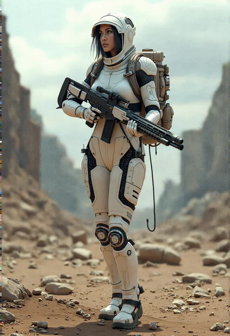 Cybernetic Ranger in a Sci-Fi Wasteland, extreme photorealistic of a female character equipped with a cyber-enhanced white bodysuit featuring mechanical augmentations on her limbs. She has a futuristic hood and a heavy-duty backpack with various survival tools. The scene is set in a sci-fi wasteland, with ruins of advanced civilization in the background. Highlight the technical aspects of her gear and the desolate, yet technologically rich environment around her.
Standing with one leg slightly forward, holding a futuristic plasma rifle, reloading it with a confident expression.
Implement subsurface scattering on her skin to provide a more lifelike appearance, with slight translucency in well-lit areas.ambient occlusion effects to increase the depth and presence of shadows in the crevices and around the joints of the suit. realistic lighting that reflects off the metallic parts of the suit, casting dynamic shadows on her and the surrounding environment. subtle skin pores and fine hair details, along with slight skin texture variations to her face and exposed areas. subtle skin pores and fine hair details, along with slight skin texture variations to her face and exposed areas.
Her tactical boots to include more detailed, rugged tactical boots with visible tech enhancements like shock absorbers and traction controls. bio-monitoring bands around her arms and legs, showing vital signs and other data through small, integrated screens.