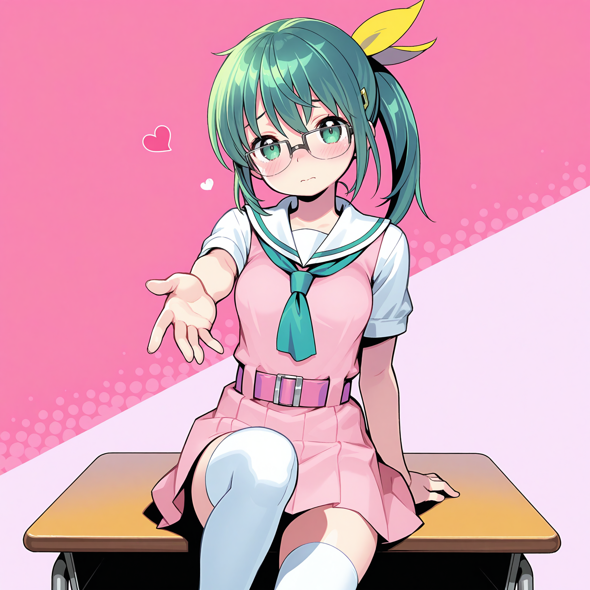 <lora:Medico_1_nai-000023:1>,Medico,
green hair,ponytail,hairclip,hair ribbon,yellow ribbon,semi-rimless eyewear,school uniform,white thighhighs,white sailor collar,green neckerchief,pink dress,white shirt,pleated dress,belt buckle,sleeveless dress,collared shirt,pink belt,pleated skirt,pink skirt,
BREAK
1girl,solo,sitting,on desk,front view,looking at viewer,arm support,head tilt,knee up,reaching towards viewers,shy,blush,multicolored background,simple background,heart,