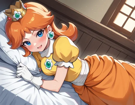 score_9, score_8_up, score_7_up, source_anime,
princessdaisy, <lora:princess-daisy-ponyxl-lora-nochekaiser:1>,
princess daisy, blue eyes, long hair, orange hair,
crown, daisy, dress, flower, gem, gloves, orange dress, puffy short sleeves, puffy sleeves, short sleeves, white gloves,
indoors, bed, bed room, on side, blush, drunk,
looking at viewer, cowboy shot, dutch angle,