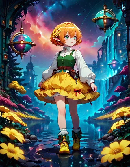 Smooth Quality <lora:michelle_IL:1> michelle, short hair, blonde hair, orange hair, hair flower, pointy ears, elf, green eyes, hair between eyes, yellow flower, aged down, small breasts, white shirt, long sleeves, frills, green vest, yellow skirt, socks, green footwear, yellow footwear, 1girl, broken, fantasy, gears, light_particles, machine, nebula, night, night_sky, planetarium, projector, scenery, silhouette, sky, solo, standing, star_\(sky\), starry_sky, water, waterfall, enchanted_forest, bioluminescent_plants, misty_background, mossy_rocks, magical_lightshafts, ethereal_mood, (bukurote:1.5),, <lora:ck-nc-cyberpunk-IL:1> cknc, detailed eyes, detailed face, detailed skin <lora:DetailedEyes_V3:1> <lora:cfg_scale_boost:0.7> <lora:Crazy_Btch_-_Psychopath_expression:1> psych0path <lora:ponyv6_noobE11_2_adamW:0.7>