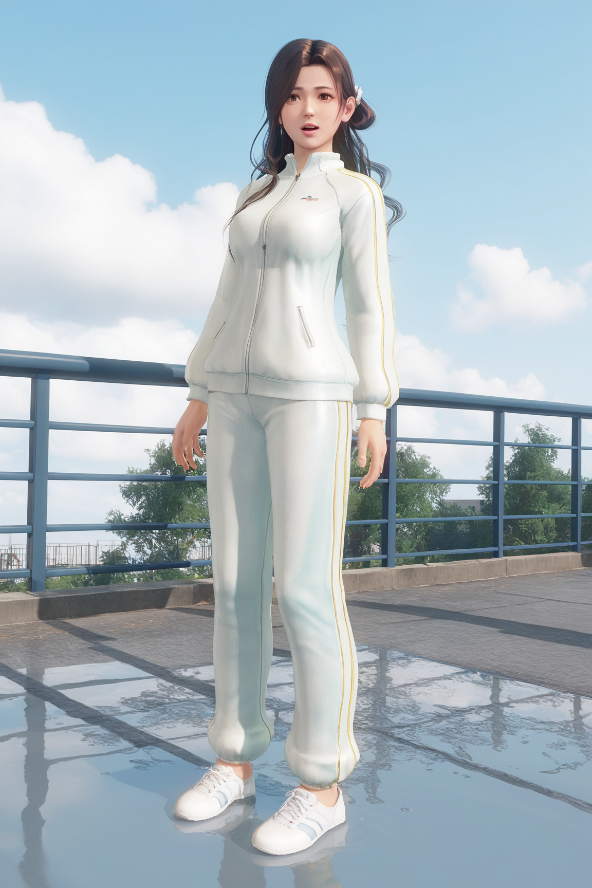 score_9,score_8,score_7_up,best quality,high detailed,
sayuri \(doa\), 1girl, solo,
mole under eye, brown eyes, dark brown hair, shiny hair,long hair, wavy hair, half updo, parted bangs, asymmetrical hair, single side bun,
open mouth,sports suit,runing shoes,
(dash styled rainbow),yellow theme,green theme,standing at school rooftop,cloudy sky,blue sky,after rain,puddle,iron railing,street,(peeping:1.2),facing to the side,looking at viewer,(mesugaki:1.2),looking_up,petite,oversized blue and white track suit,baggy blue and white track pants,barefoot,
 <lora:doa_sayuri_pdxl_v11:0.9>