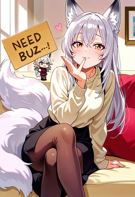 masterpiece,best quality,amazing quality,ultra detailed,very aesthetic,absurdres,sofa,(throwing kiss:1.3),<lora:selma_IL_V1>,selma,silver hair,long hair,brown eyes,golden eyes,fox ears,(nine-tailed fox:1.2),tights,long_fingernails,tail_wagging,motion_blur,motion_lines,whisker_markings,leaning_forward,chibi,sitting_on_chair,crossed_legs,giggling,smile,looking_at_viewer,<lora:need_buzz_sign:1>,need_buzz,(chibi is holding a sign:1.2),casual,long_dress,