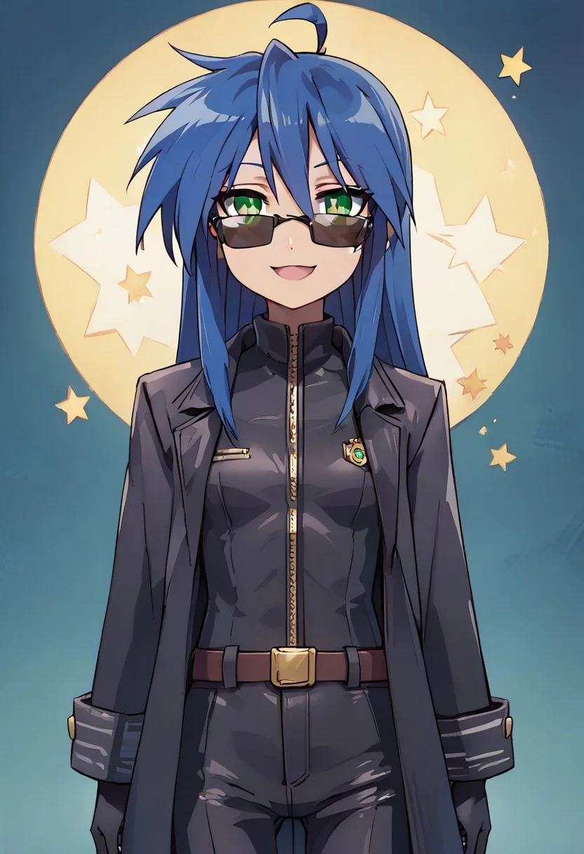 score_9, score_8_up, score_7_up,source_anime, masterpiece, ultra detailed, highres, 4k, best quality, BREAK, <lora:konata:0.7> Konata Izumi, solo, long hair, ahoge, mole, glossy hair, smooth hair, shiny hair, albertwesker, black gloves, sunglasses, belt, pants, long coat, trench coat, black coat, black pants, smile, mouth open, dark blue hair, medium breasts, round breasts, adult, mature, aged up, cute, cute face, evil smile, side glance, lowering shades, slit pupils, green eyes, looking at viewer, arrogant,
abstract background, stars in background,