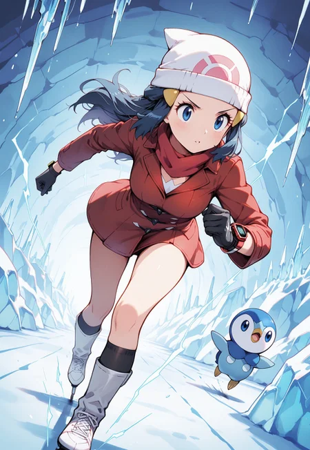 safe_pos, 1girl, zzDawn, blue hair, blue eyes, sidelocks, long hair, beanie, white headwear, hair ornament, blue eyes, red scarf, red winter coat, wristwatch, bracelet, kneehighs, gloves, ice skates, ice cave, icicles,
superspeed, running, electricity, motion blur, one leg up, determined, v-shaped eyebrows, parted lips, full body, one piplup, dutch angle,

(masterpiece:1.2), (best quality:1.2), (very aesthetic:1.2), (absurdres:1.2), (detailed background),newest, ,sharp focus, perfect light, dynamic light, natural light, (best quality), (heavy lines, black outline, sketch), ((intricate details)), ((extremely detailed, finely detailed, beautiful detailed shading)), (beautiful, beautiful amazing, ultra-detailed, 8K wallpaper, vibrant colors), [high saturation], beautiful scenery, best quality, 2020s, very awa,