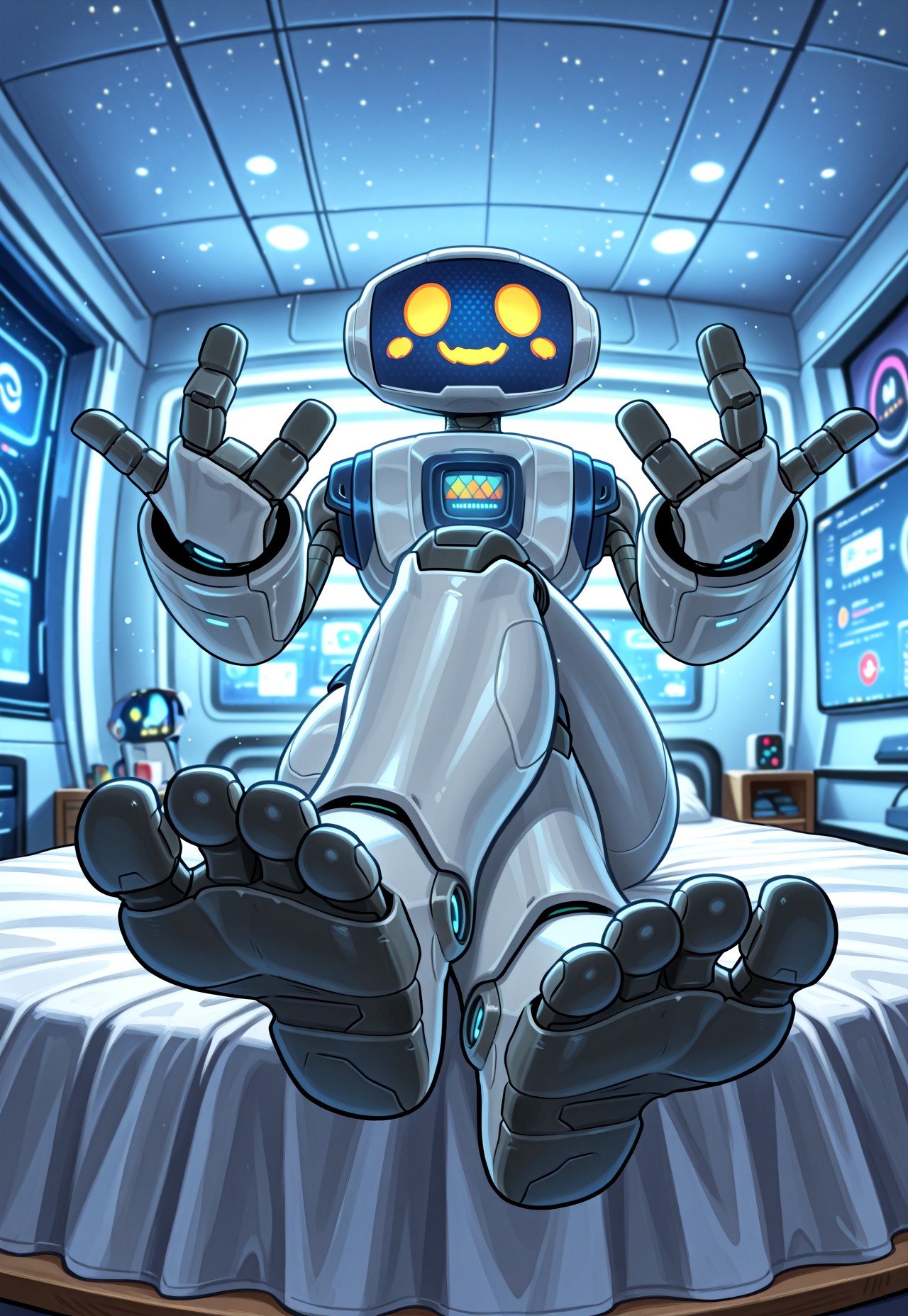 mrherbie, robot, white body, screen face, 3 fingers, legs, feet, 3 toes, sit on bed, legs crossed, bedroom eyes, inviting gesture, 

indoors, futuristic bedroom, futuristic bed, windown, white theme bedroom, dynamic pose, foreshortening, perspective, 

masterwork, masterpiece, best quality, detailed, depth of field, high detail, very aesthetic,