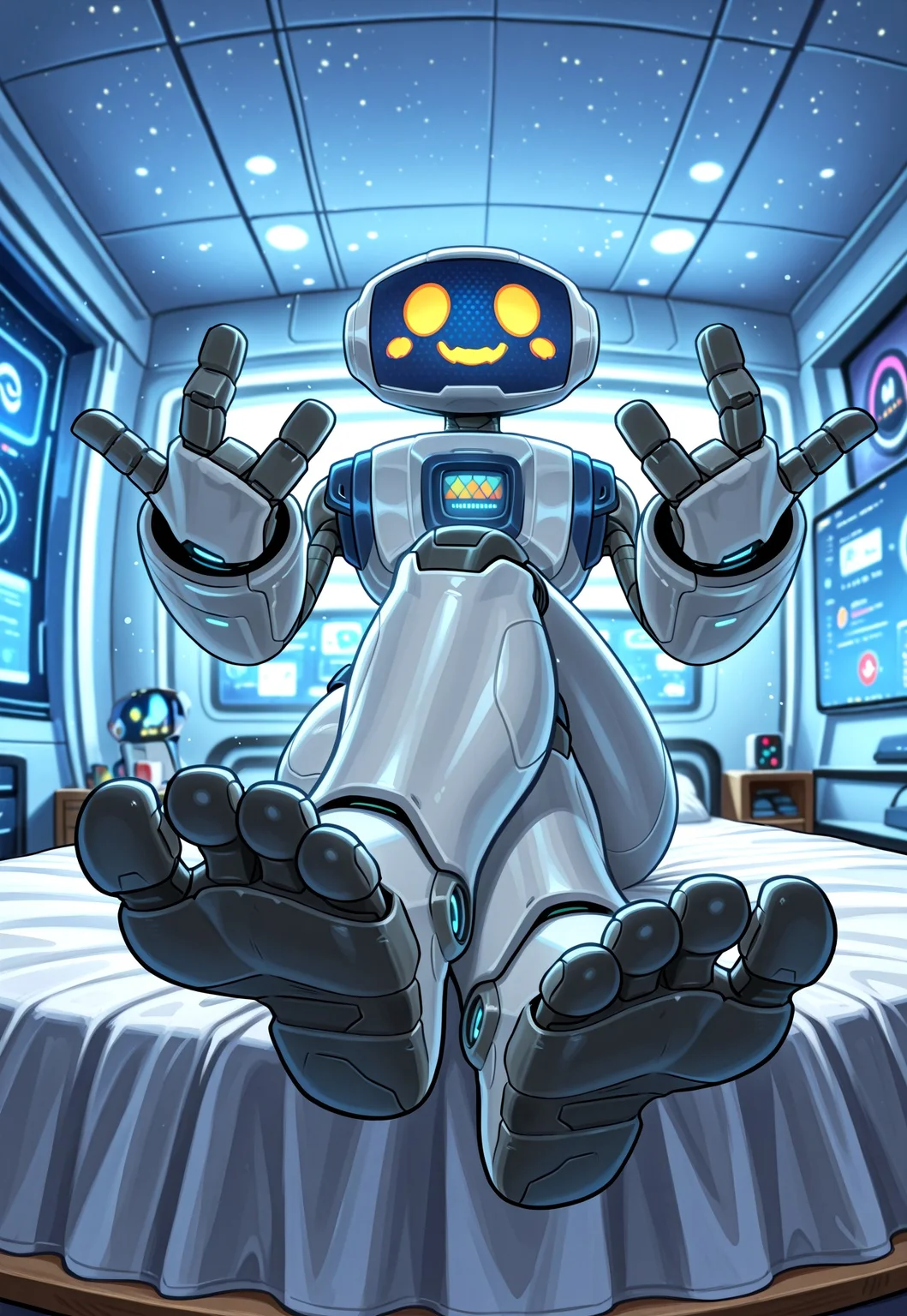 mrherbie, robot, white body, screen face, 3 fingers, legs, feet, 3 toes, sit on bed, legs crossed, bedroom eyes, inviting gesture, 

indoors, futuristic bedroom, futuristic bed, windown, white theme bedroom, dynamic pose, foreshortening, perspective, 

masterwork, masterpiece, best quality, detailed, depth of field, high detail, very aesthetic,