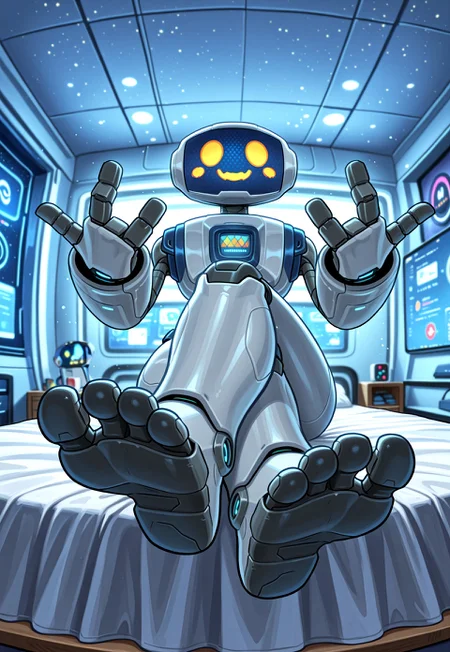 mrherbie, robot, white body, screen face, 3 fingers, legs, feet, 3 toes, sit on bed, legs crossed, bedroom eyes, inviting gesture,
indoors, futuristic bedroom, futuristic bed, windown, white theme bedroom, dynamic pose, foreshortening, perspective,
masterwork, masterpiece, best quality, detailed, depth of field, high detail, very aesthetic,