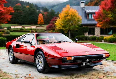 ClassicSportsCar, red Ferrari 308, front view, parked in front of a modern house in the countryside, autumn, trees and mountains in the background, details and atmospheric elements of the create a sense of depth and dimension,
