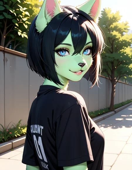 masterpiece, best quality, very aesthetic, absurdres,
outdoors,
headshot, head tilt, from behind,
t-shirt,
seductive smile, parted lips, long eyelashes,
<lora:Junie_v01_NAIXL:1>
Jun1e,1girl,solo,furry,furry female,cat girl,cat ears,black hair,bangs,bob cut,hair between eyes,blue eyes,snout,animal nose,body fur,green fur,