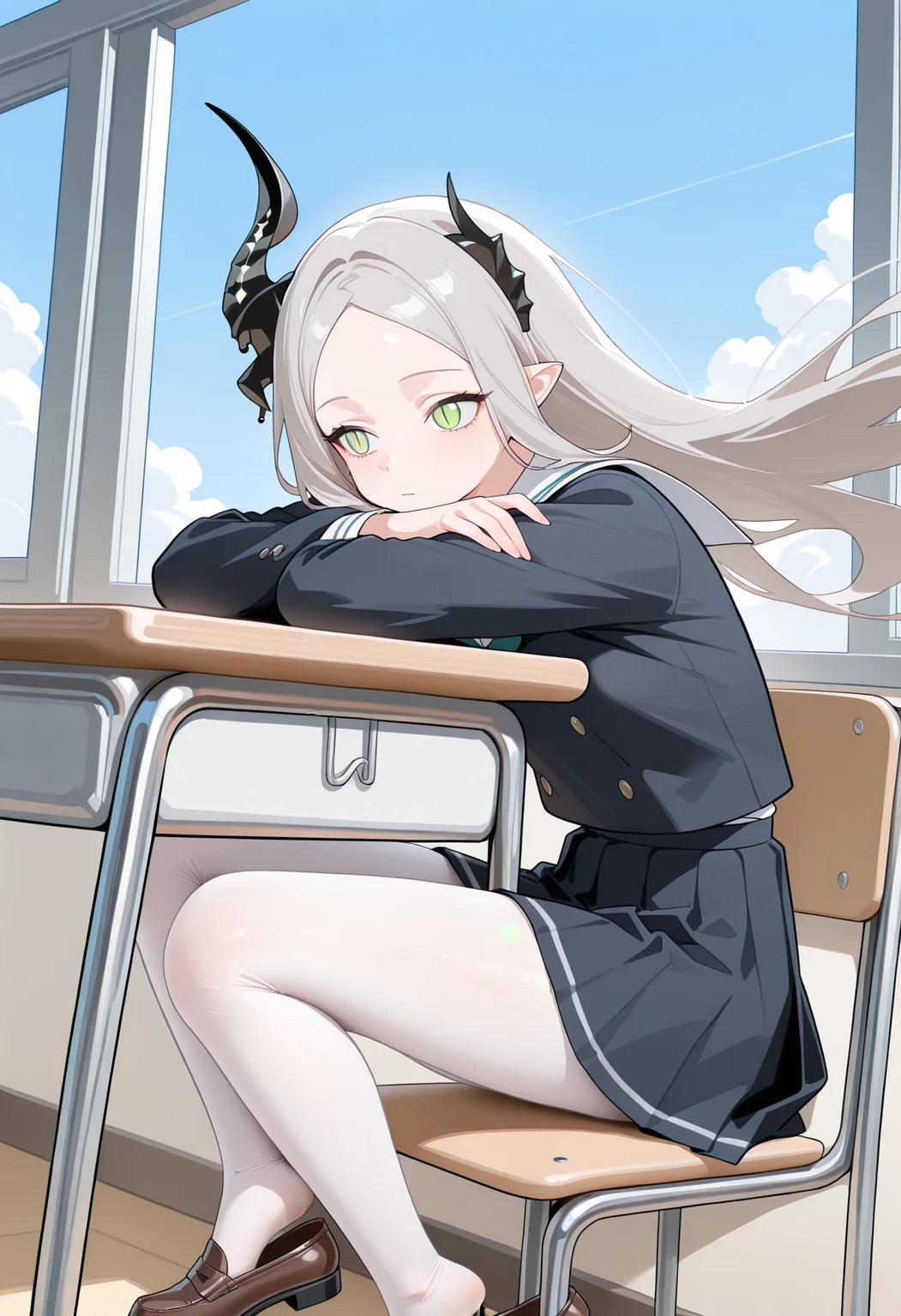 masterpiece, best quality, high resolution, source_anime, highly detailed illustration, detailed eyes,
very aesthetic, absurdres, newest, amazing quality,
1girl, solo,
<lora:shiLeviathanV1ill-000010:1>,
shileviathandef, black slime,
long hair, grey hair, parted bangs, green eyes, slit pupils, asymmetrical horns, pointy ears,
floating hair, open window, wind, sitting, school desk,
school uniform, pleated skirt, white pantyhose, expressionless, looking away, brown loafers, blue sky, arm rest,
<lora:shiShoePopV1ill:1>, shishoedangle, shoe dangle,
