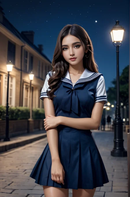 <lora:SH_ModelV2:0.8>, (night:1.5), street, (skinny legs:1.1), ultra realistic,32k, (masterpiece:1.2), (high detailed skin:1.1), 8k uhd, dslr, high quality, long hair, school uniform, sailor dress, blue dress,