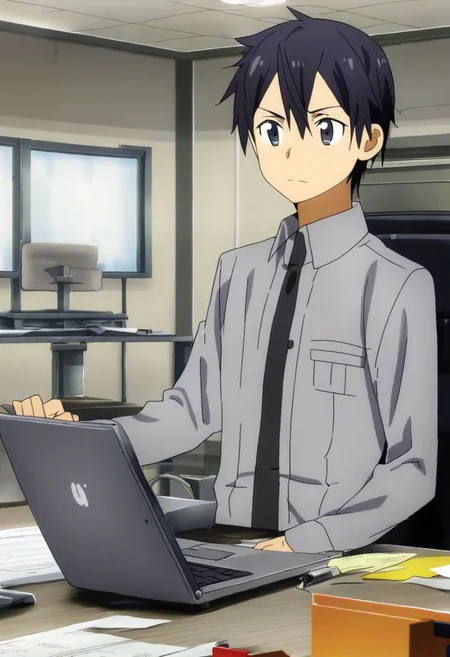 high resolution, professional photography, solo, best quality, 1Boy, Kazuto Kirigaya, Black Hair, Black Eyes, worker, working, office space, office desk, concentration, focus, laptop, OverallDetail