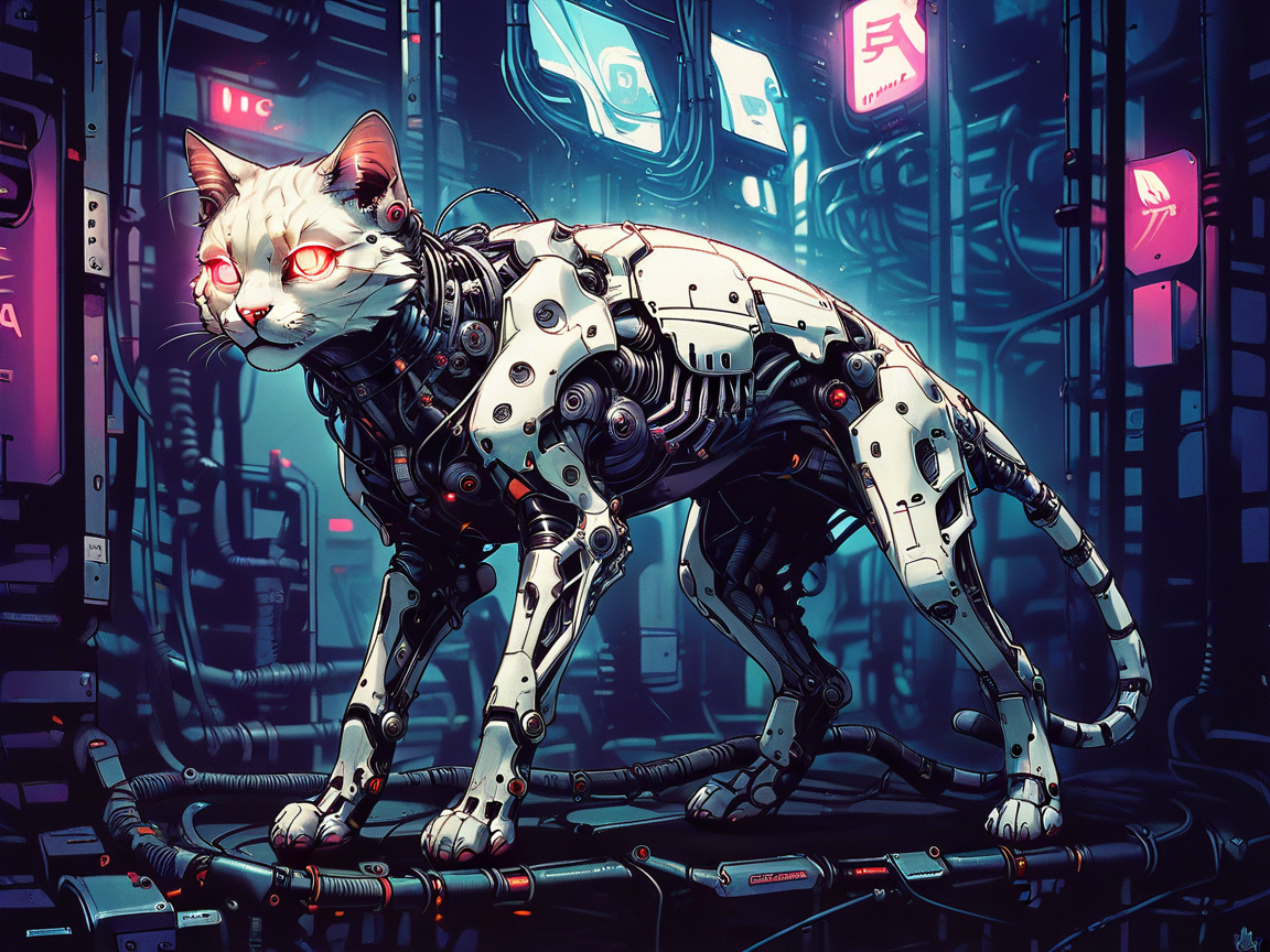 score_9, score_8_up, score_7_up, score_6_up,  <lora:cyb0rgXLP:0.8> cyb0rg, solo, science fiction, cable, mechanical parts, cat, black, feral, full body, glowing eyes, neon lights,