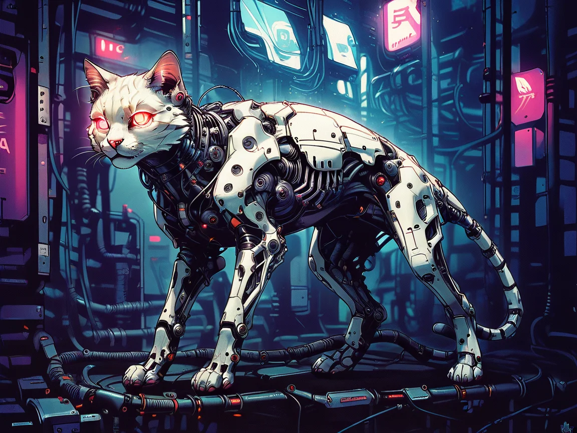 score_9, score_8_up, score_7_up, score_6_up, <lora:cyb0rgXLP:0.8> cyb0rg, solo, science fiction, cable, mechanical parts, cat, black, feral, full body, glowing eyes, neon lights,