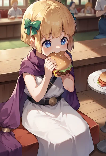 score_9, score_8_up, score_7_up, source_anime, masterpiece, 1girl, ctiantabitha, blue eyes, sleeveless dress, belt, purple cape, sitting, restaurant, eating burger, depth of field, <lora:Tabitha_pony_ct_:1>