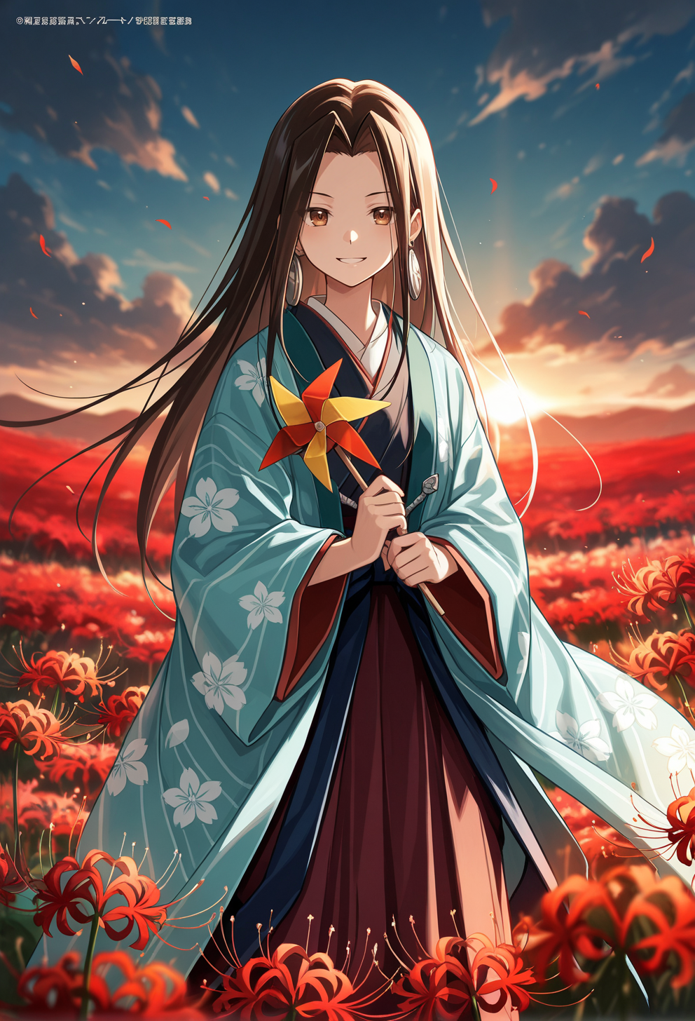 masterpiece, best quality, high quality, anime, solo, <lora:AEHao:1> AEHao, brown eyes, brown hair, long hair, earrings, floral print, japanese clothes, layered kimono, holding pinwheel, flower field, spider lily, light smile,